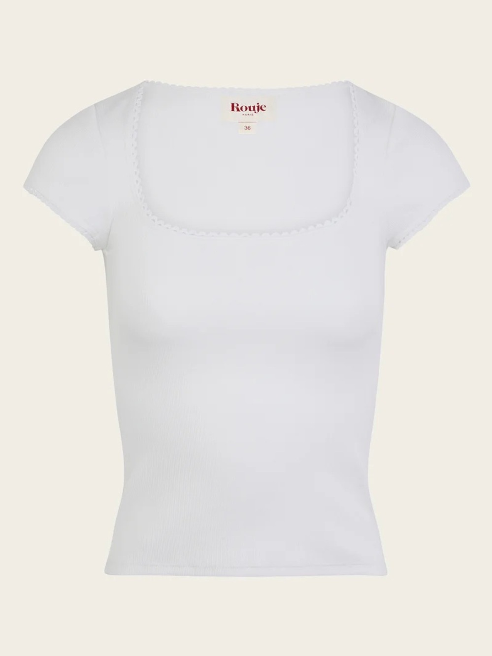 ROUJE SIAM T-SHIRT White Square Neck Cap Sleeve Top Lace Trimmed Sz 36 XS